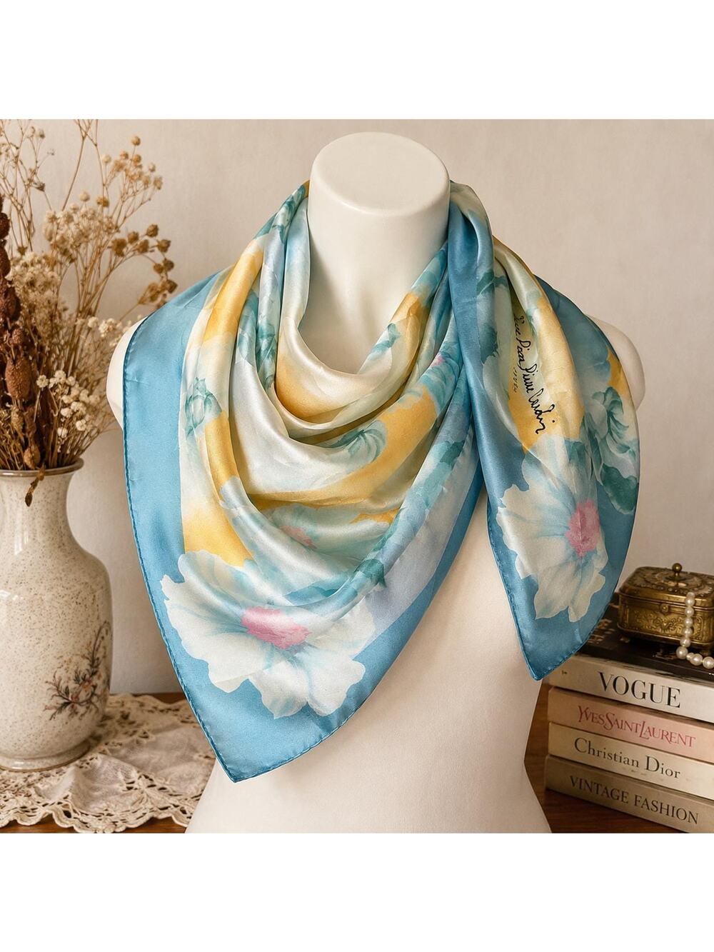 Vintage Pierre Cardin Paris Silk Scarf 34” Watercolor Floral Blue Yellow 1980s